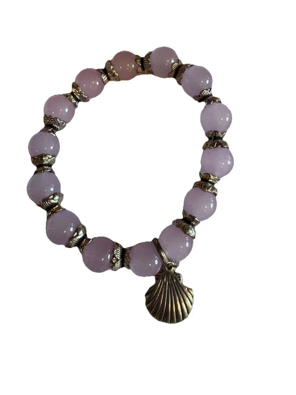 Lavender Bead Stretch Bracelet Silver Butterfly Spacers Seashell Charm Boho